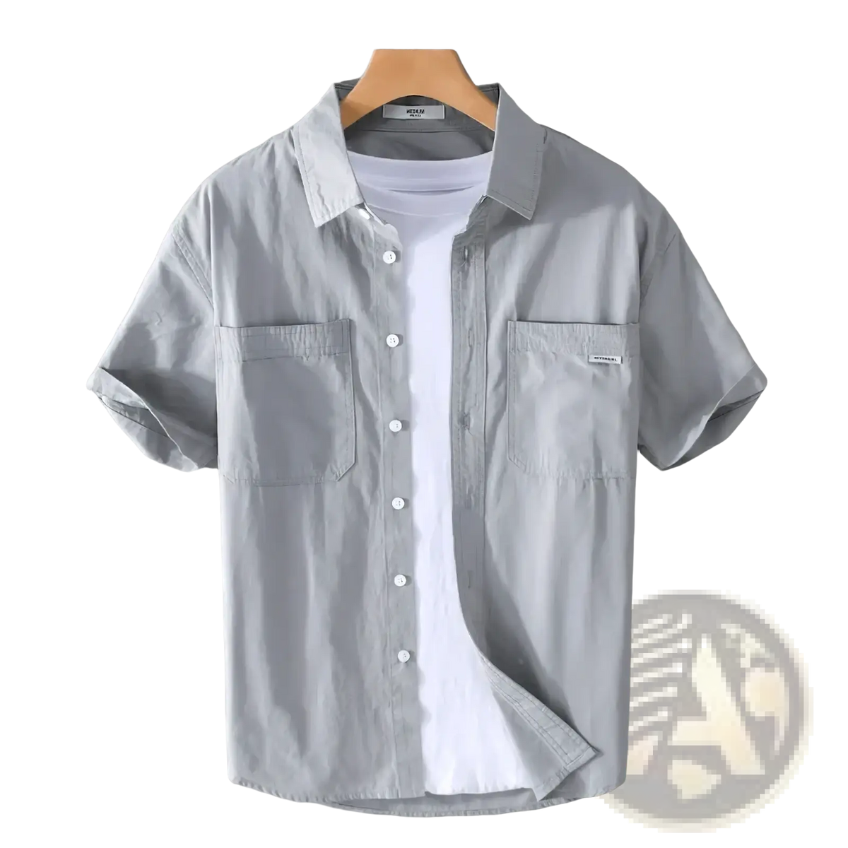 Men’s cotton casual short sleeve shirt in light gray with two chest pockets and a subtle brand tag on the left pocket