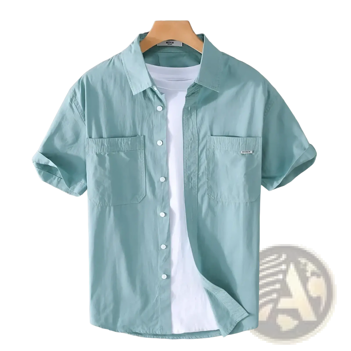 Light green men’s cotton casual short sleeve shirt with two chest pockets and white inner layer