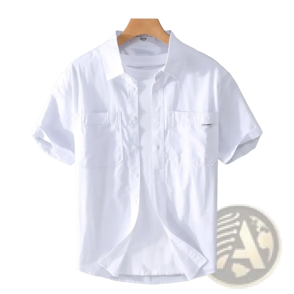 Men’s white cotton casual short sleeve shirt with two chest pockets and subtle brand logo on right pocket