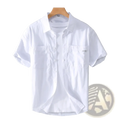 Men’s white cotton casual short sleeve shirt with two chest pockets and subtle brand logo on right pocket
