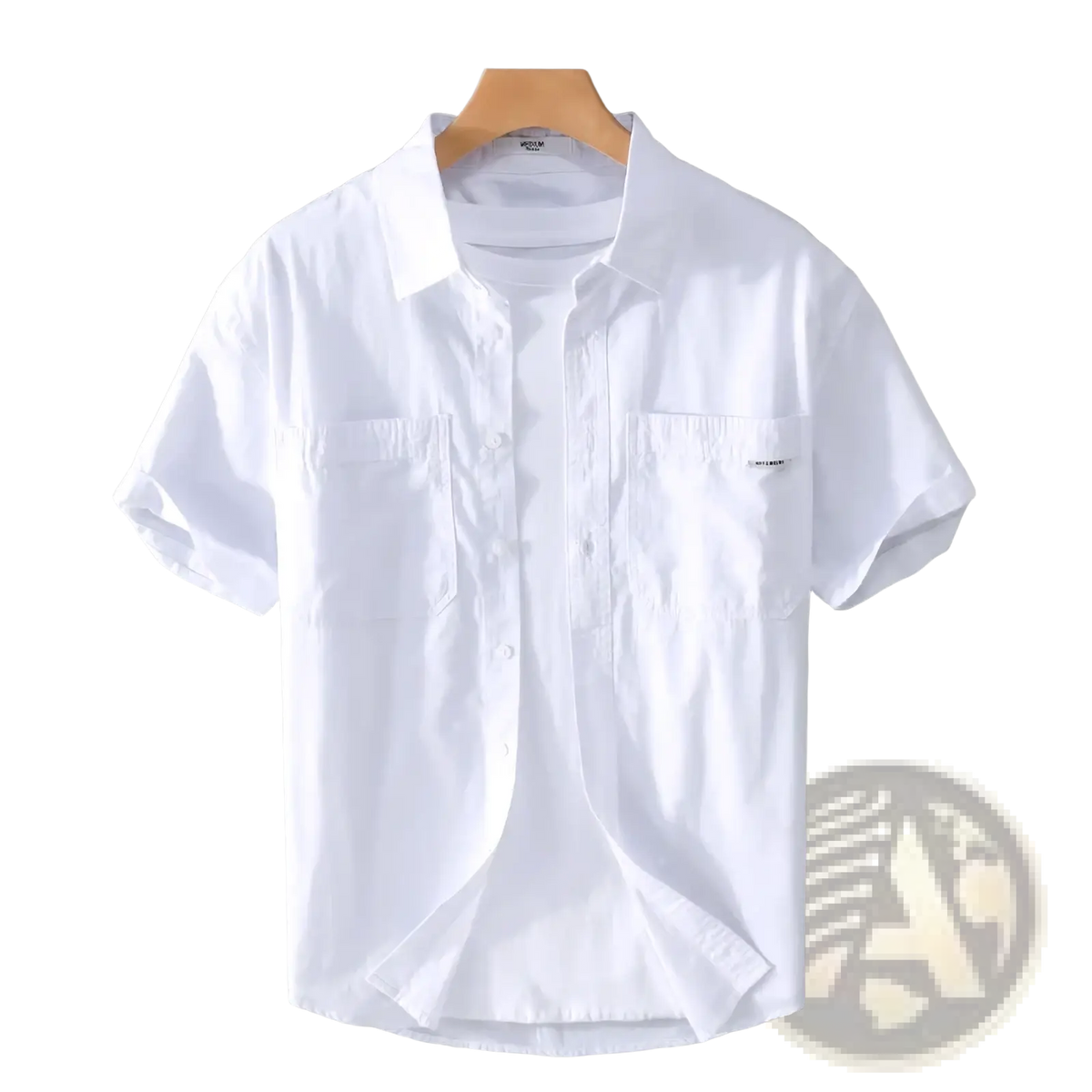 Men’s white cotton casual short sleeve shirt with two chest pockets and subtle brand logo on right pocket