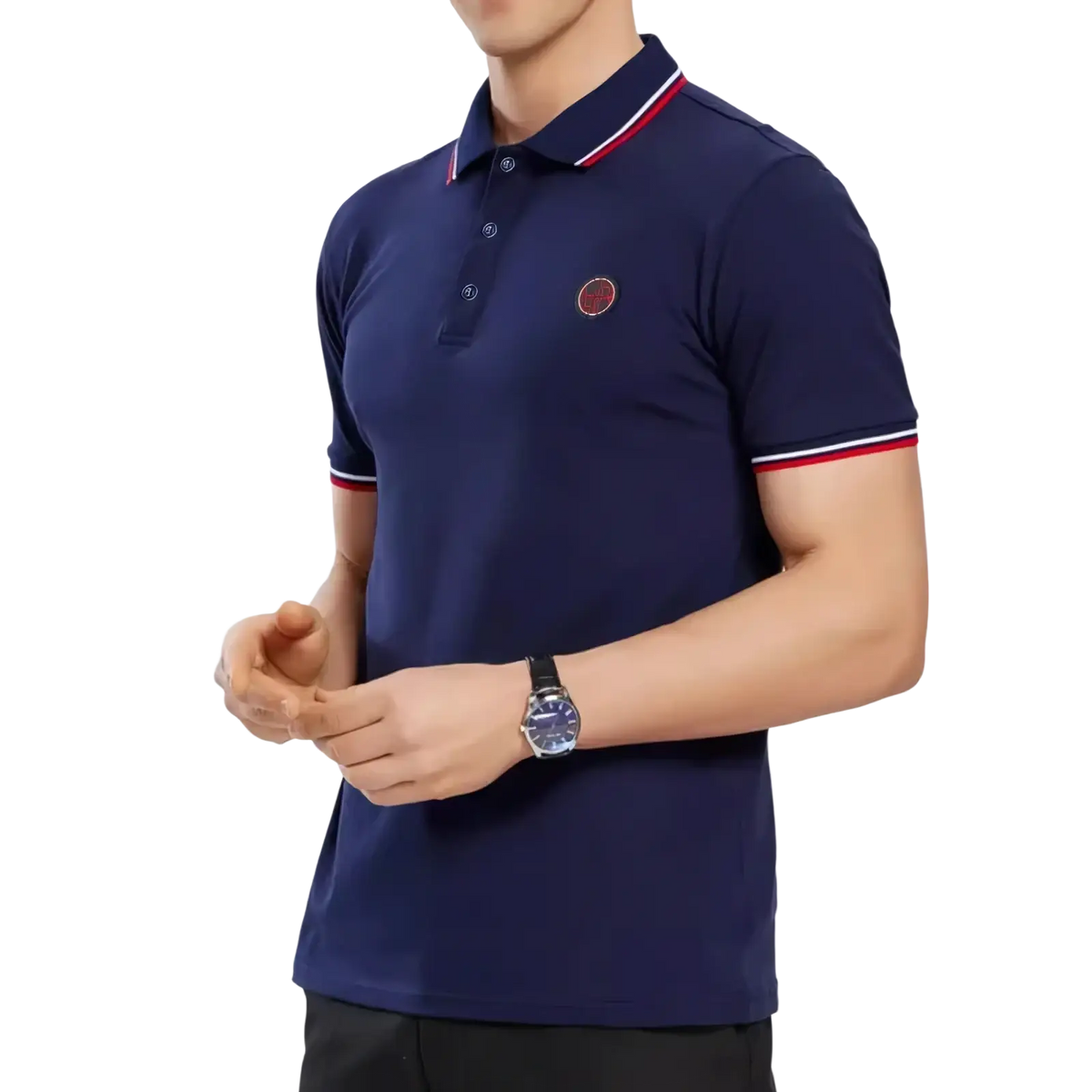 Men’s navy cotton polo shirt with red and white contrast trim and small embroidered circular logo on the chest
