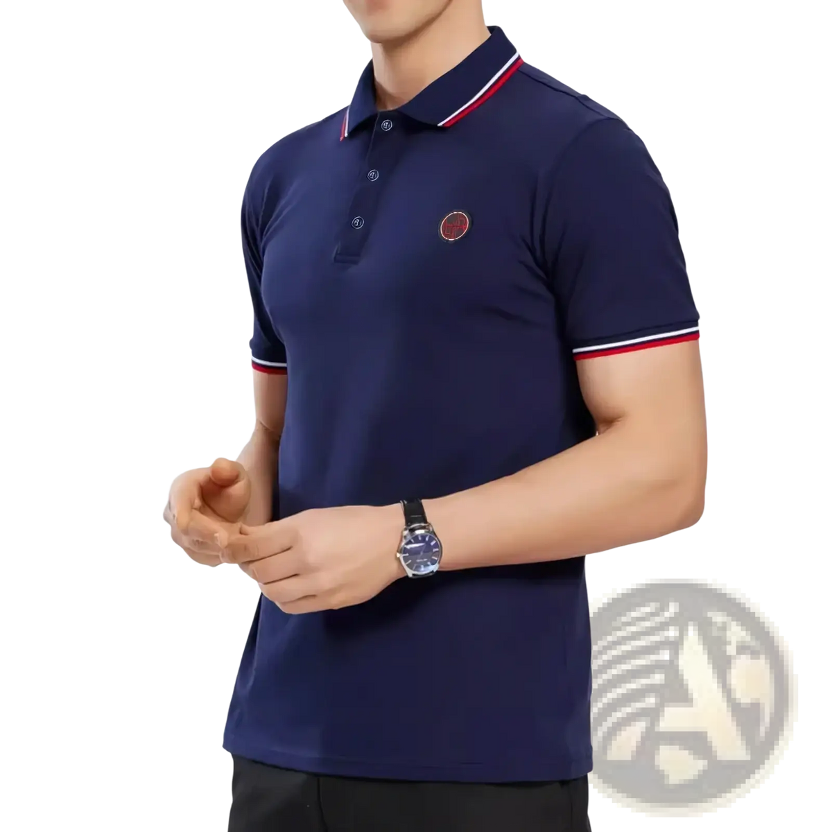 Men’s navy cotton polo shirt with red and white contrast trim and small embroidered circular logo on the chest