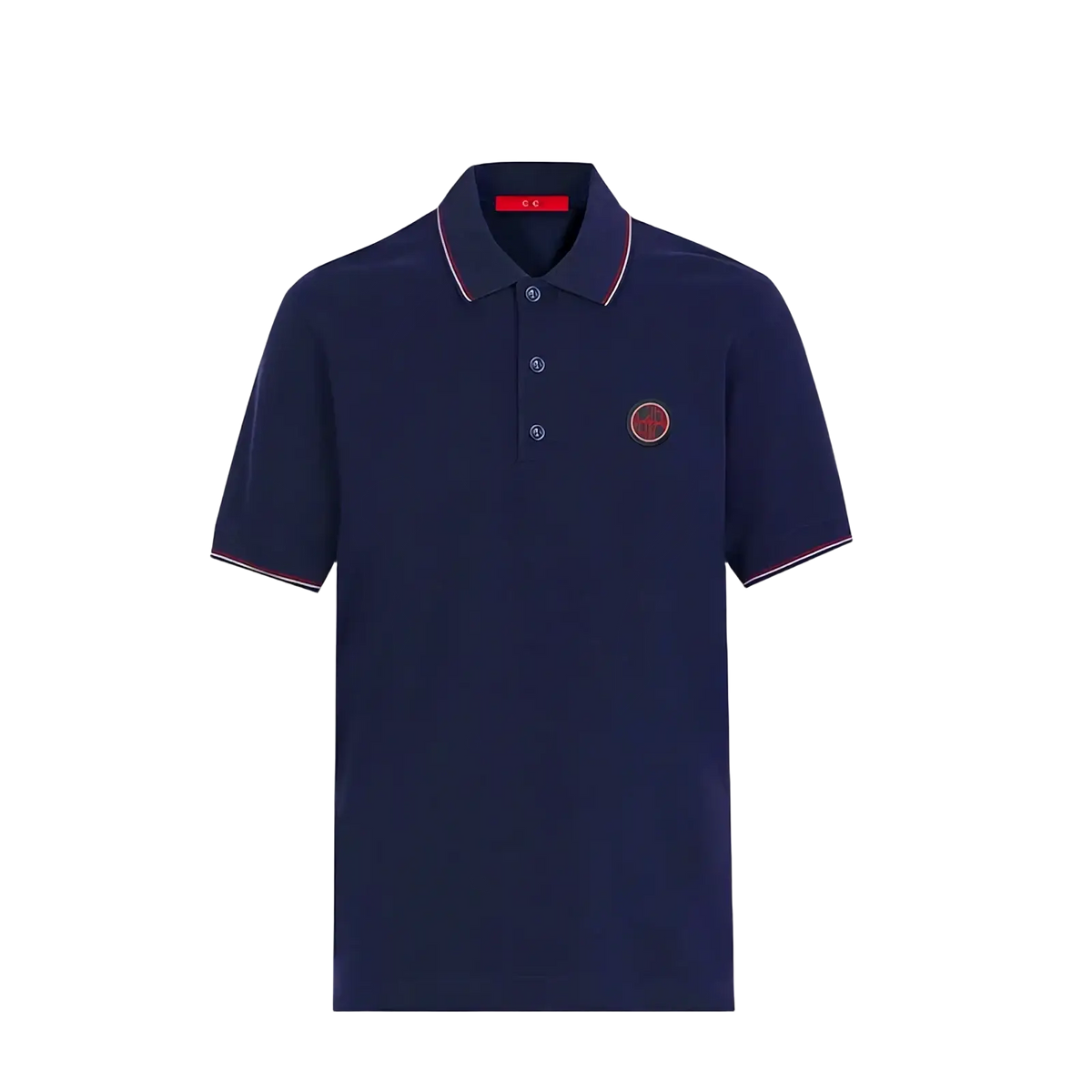 Navy cotton men’s short-sleeved polo shirt with red and white contrast trim and circular embroidered logo on chest