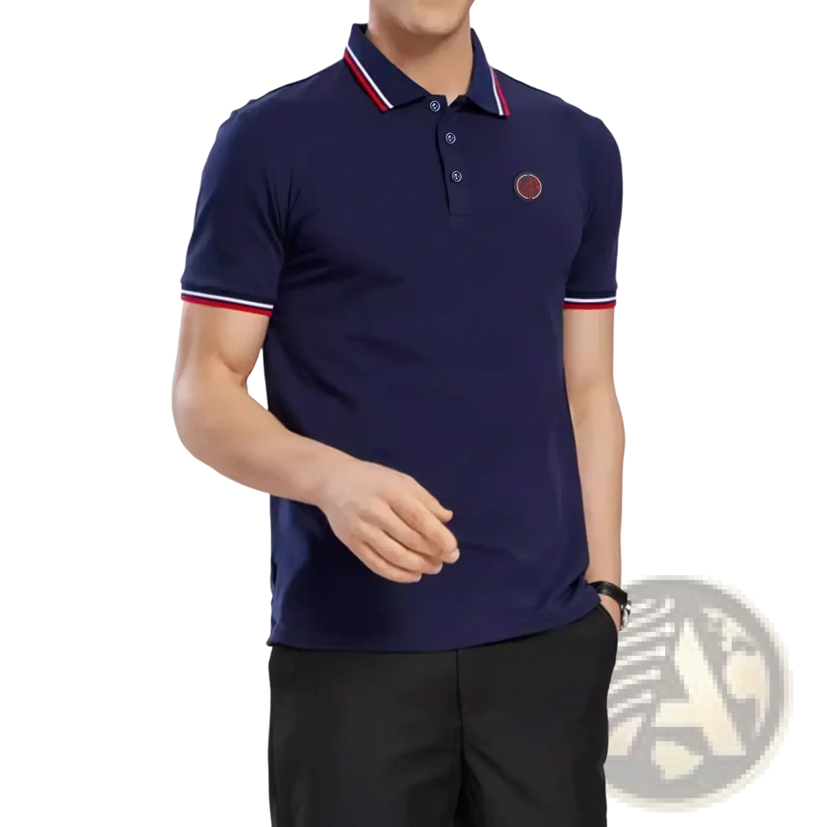 Men’s cotton navy polo shirt with short sleeves and red white trim on collar and cuffs featuring embroidered logo