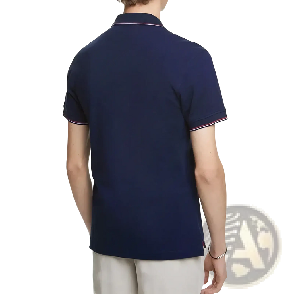 Men’s cotton navy blue short-sleeved polo shirt with red white and navy contrast trim on collar and sleeve cuffs
