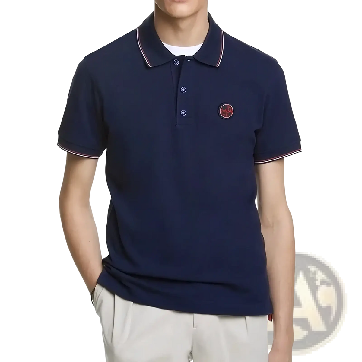 Men’s navy cotton polo shirt with white and red contrast trim and small embroidered logo on left chest