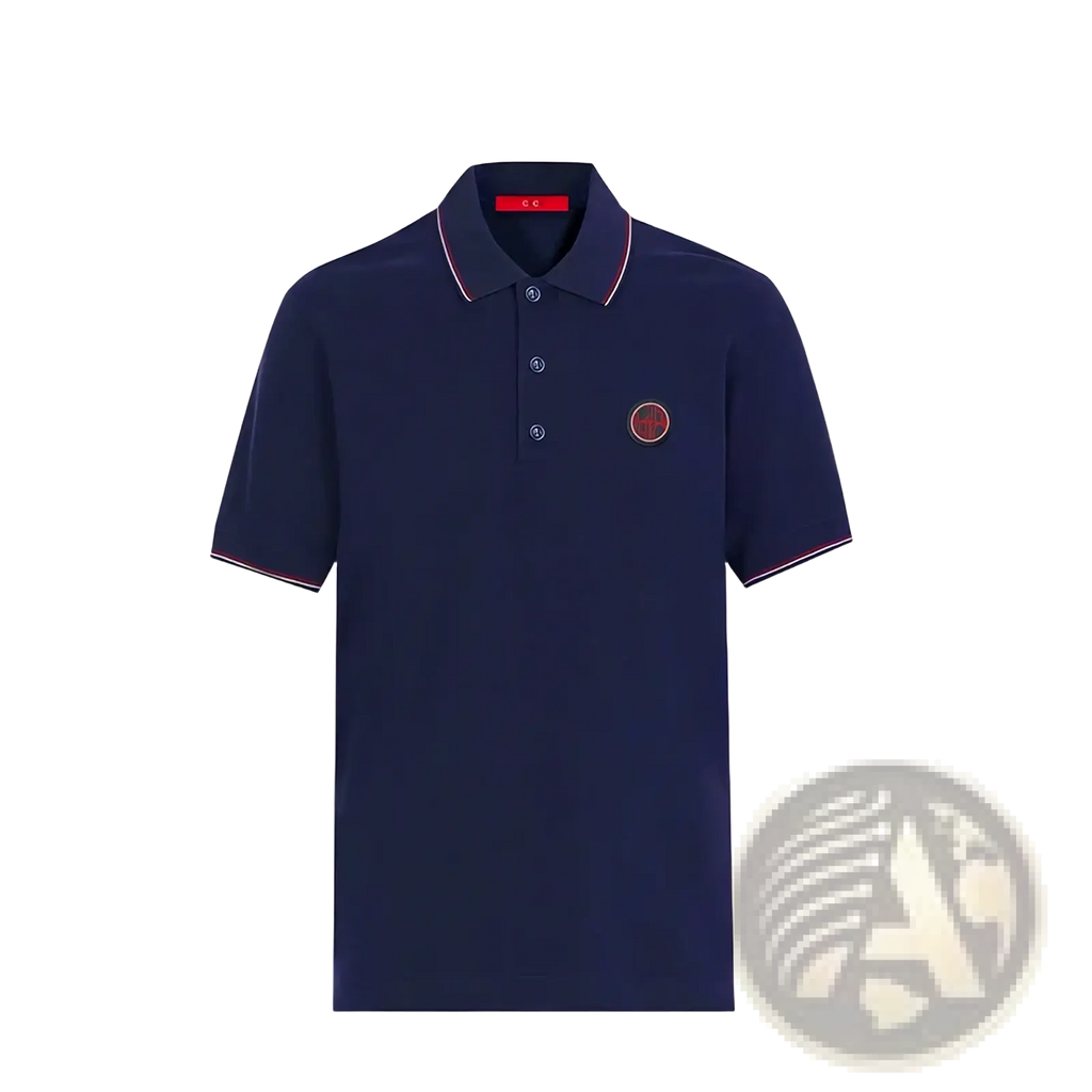 Navy cotton men’s short-sleeved polo shirt with red and white contrast trim and circular embroidered logo on chest