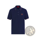 Navy cotton men’s short-sleeved polo shirt with red and white contrast trim and circular embroidered logo on chest