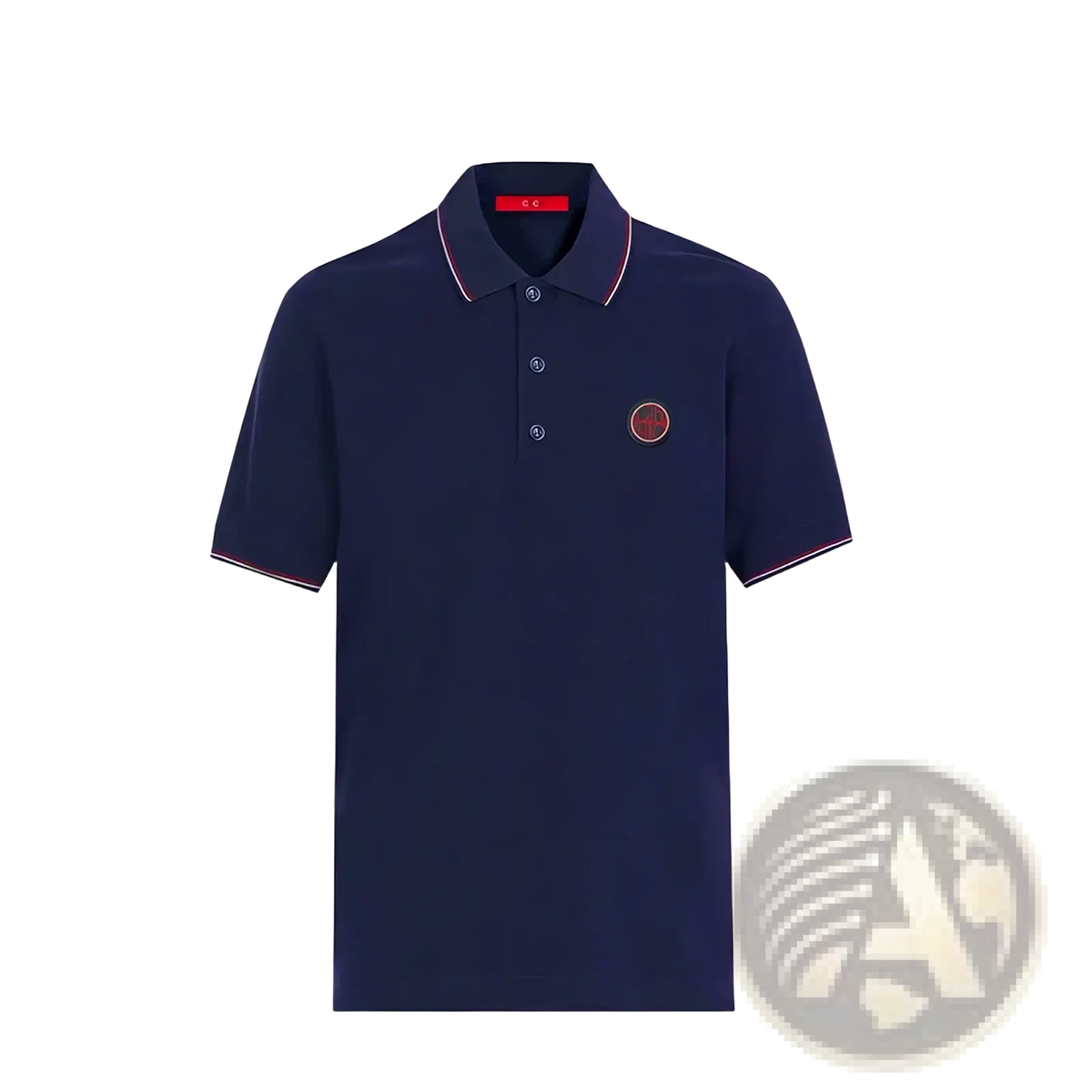 Navy cotton men’s short-sleeved polo shirt with red and white contrast trim and circular embroidered logo on chest