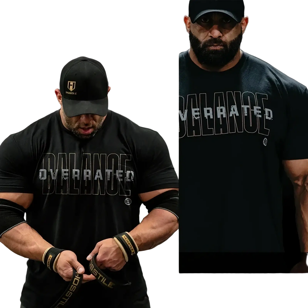 Black mens cotton fitness t-shirt with thin outlined overrated print designed for activewear use