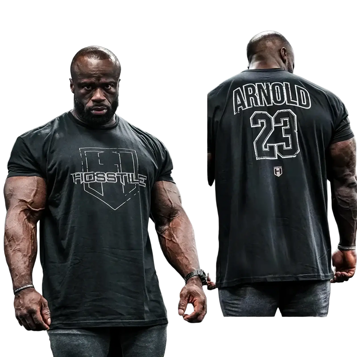 Black mens cotton fitness t shirt with white arnold 23 lettering on back and shield logo on front