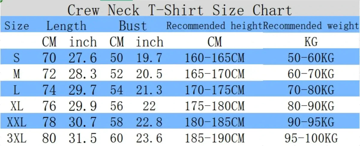 Mens cotton fitness crew neck t-shirt size chart showing measurements in centimeters and inches for sizes s to 3xl