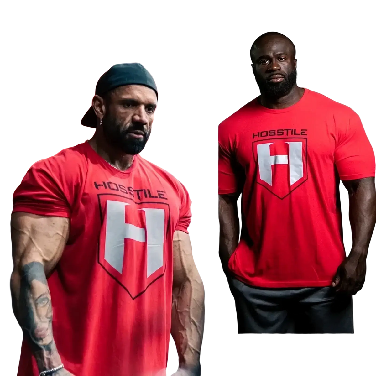 Red hostile branded mens cotton fitness t-shirt with white shield logo and black outline for activewear use