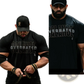 Black mens cotton fitness t-shirt with thin outlined overrated print designed for activewear use