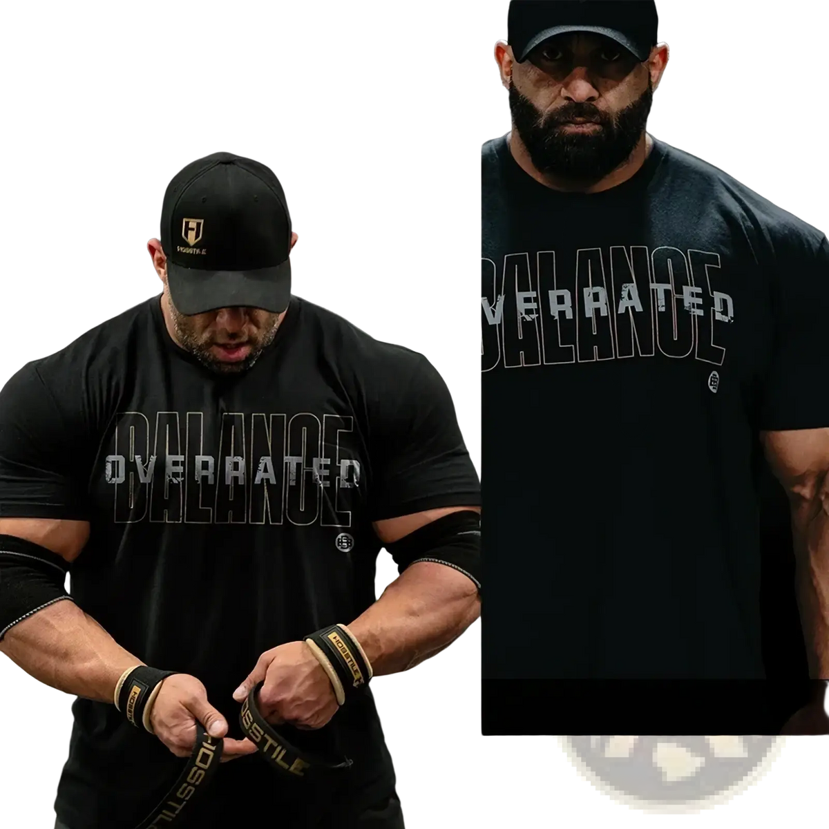 Black mens cotton fitness t-shirt with thin outlined overrated print designed for activewear use