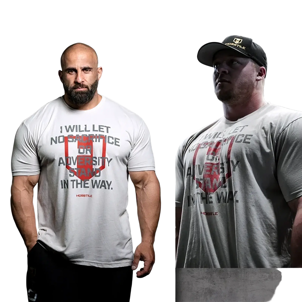 White mens cotton fitness t-shirt activewear with bold black and red text and hobstile red shield logo on front