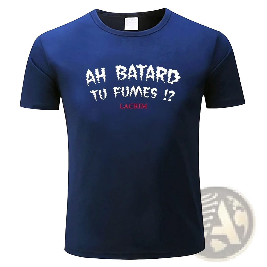 Navy blue mens cotton graphic tee with white and red text short sleeve casual shirt front view
