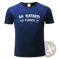 Navy blue mens cotton graphic tee with white and red text short sleeve casual shirt front view