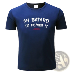 Navy blue mens cotton graphic tee with white and red text short sleeve casual shirt front view