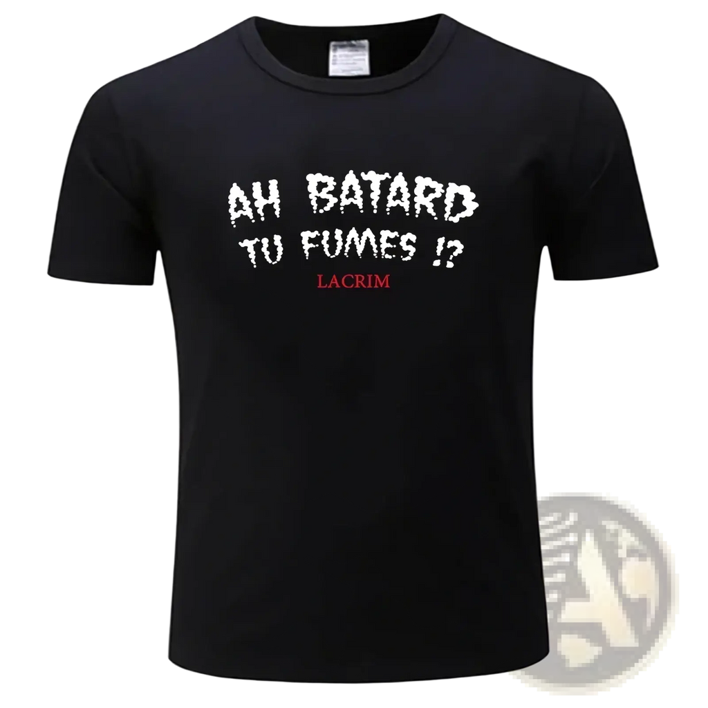 Mens black cotton short sleeve graphic tee with white and red lacrim text casual shirt