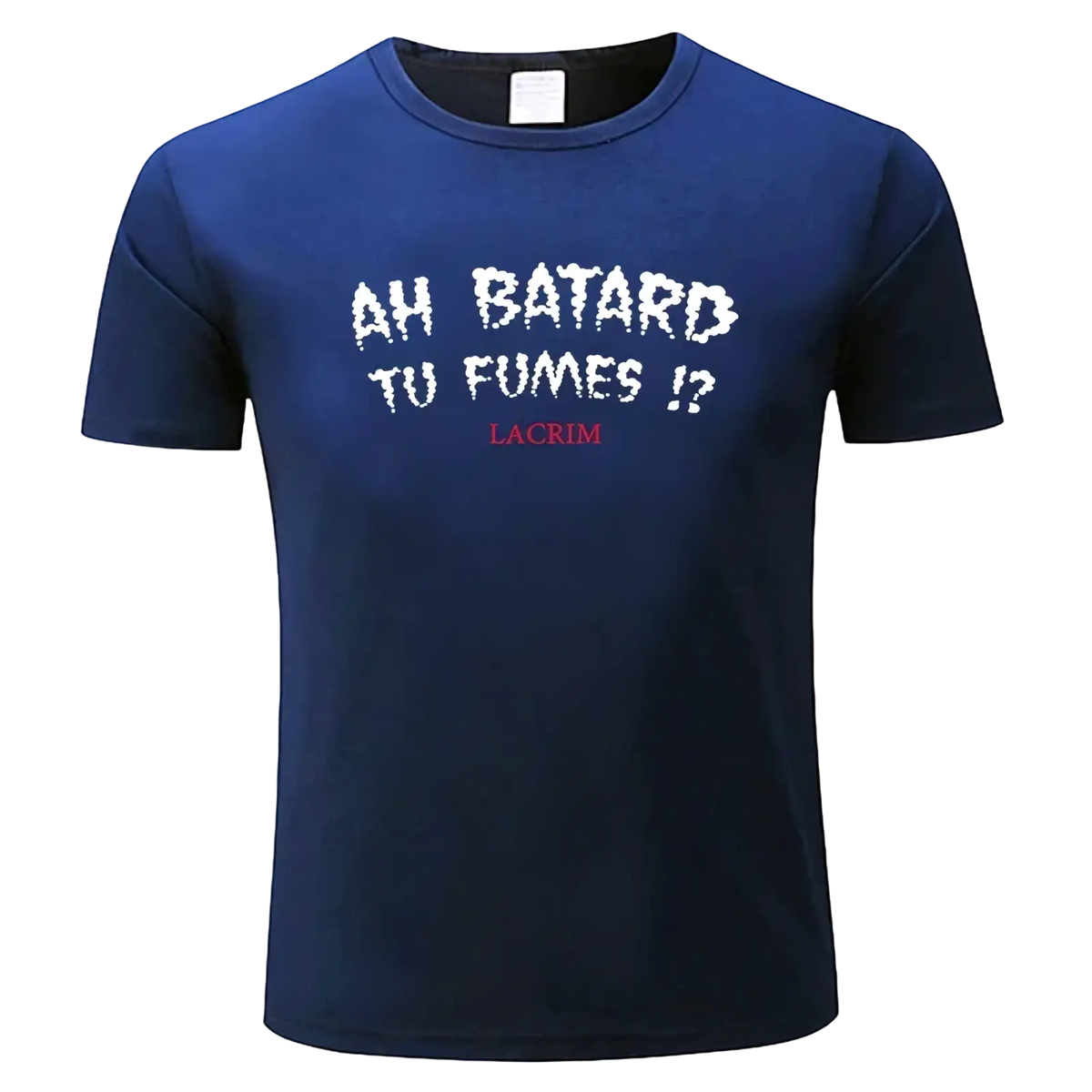 Navy blue mens cotton graphic tee with white and red text short sleeve casual shirt front view