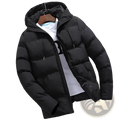Men’s black cotton hooded puffer jacket with front zipper and quilted synthetic insulation fabric