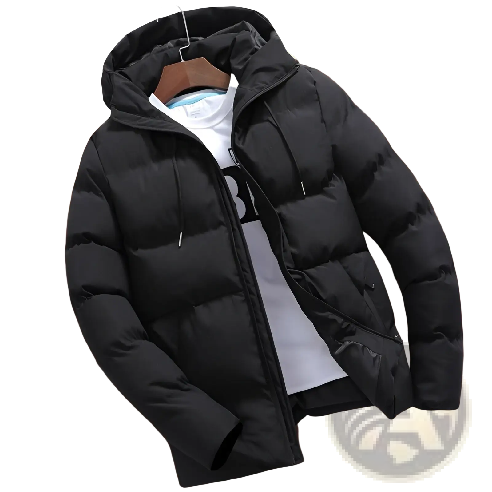 Men’s black cotton hooded puffer jacket with front zipper and quilted synthetic insulation fabric