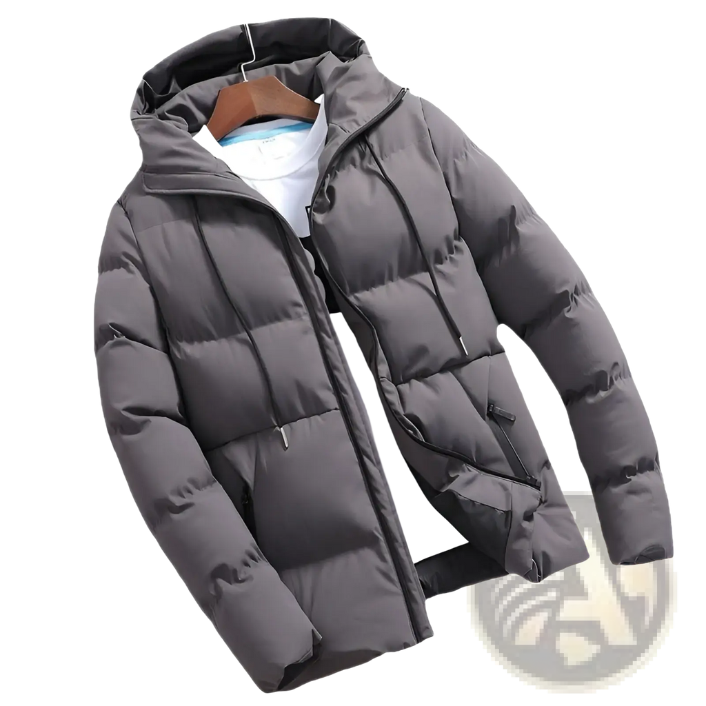 Men’s dark gray cotton hooded puffer jacket with black zipper and drawstrings for cold weather wear
