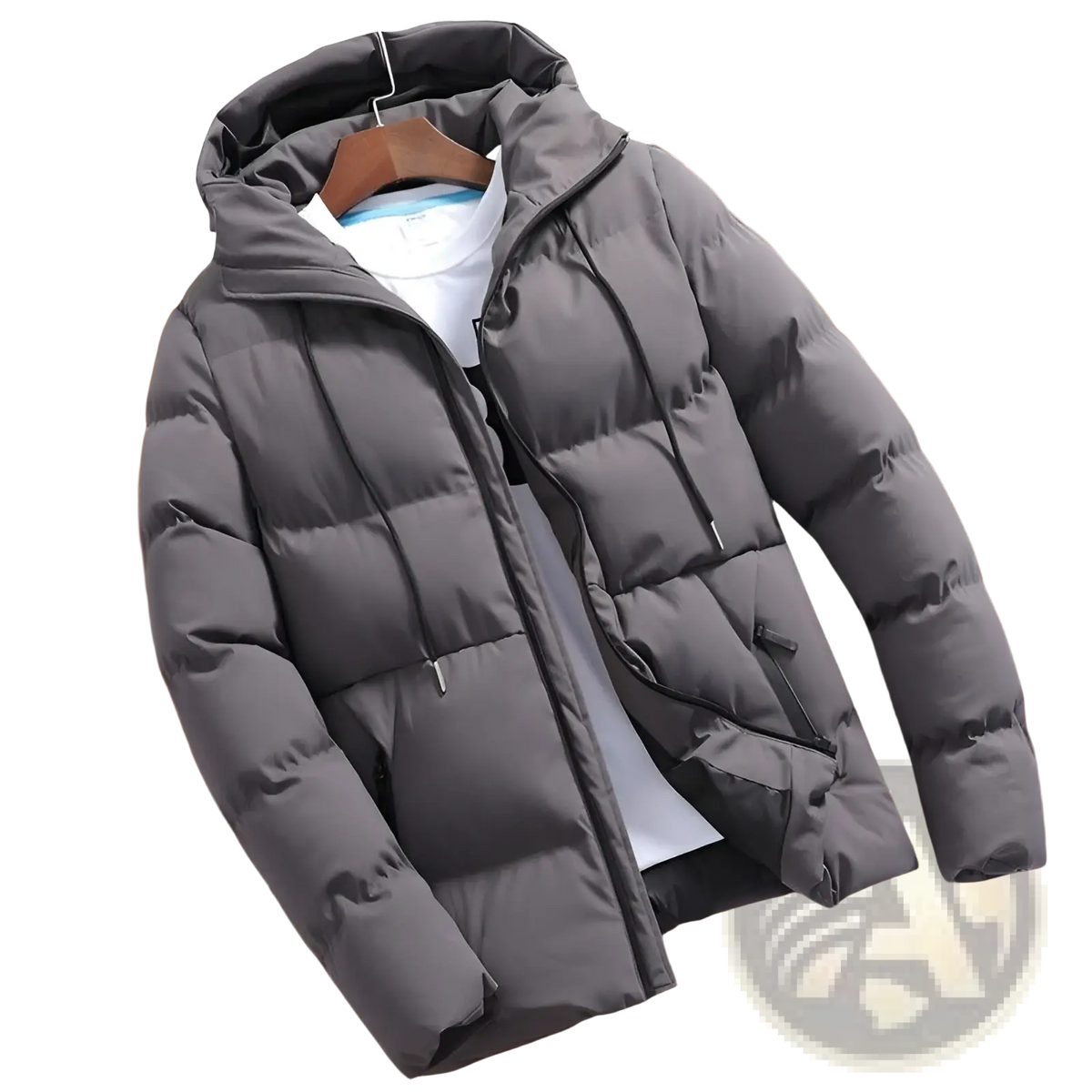 Men’s dark gray cotton hooded puffer jacket with black drawstrings designed for warmth and comfort
