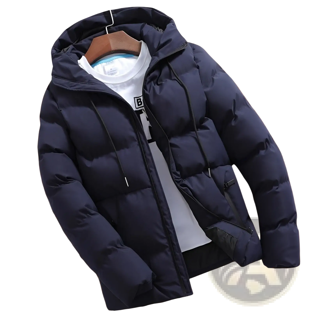 Men’s dark navy cotton hooded puffer jacket with black drawstrings and front zipper closure for cold weather use