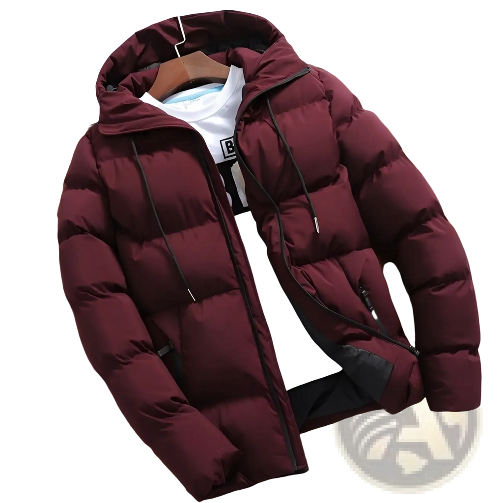 Men’s cotton hooded puffer jacket in maroon with black zipper, drawstrings, hood, and quilted design