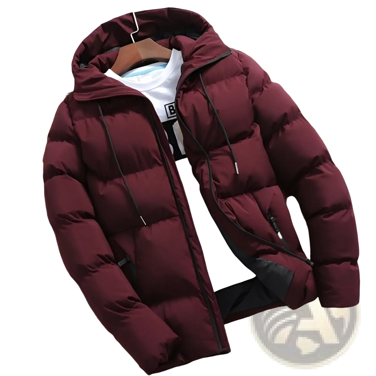 Men’s cotton hooded puffer jacket in maroon with black zipper, drawstrings, hood, and quilted design