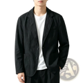 Black textured cotton linen casual blazer for men with notched lapels and two front pockets