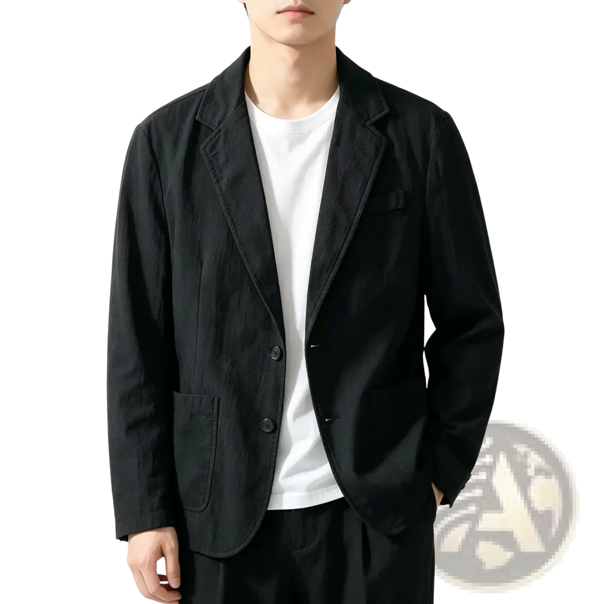 Black textured cotton linen casual blazer for men with notched lapels and two front pockets