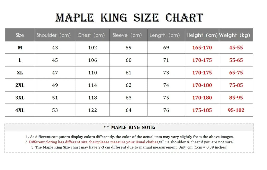 Maple king size chart showing measurements for mens cotton linen casual blazer sizes m to 4xl in a clear table