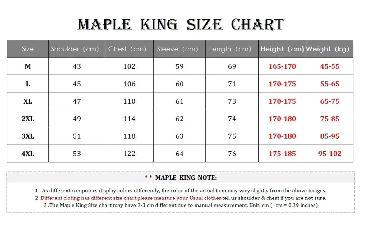 Maple king size chart showing measurements for mens cotton linen casual blazer sizes m to 4xl in a clear table