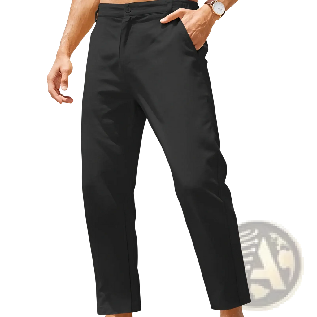 Black men’s cotton linen casual pants with high stretch tapered trousers featuring a sleek modern cut and subtle creases