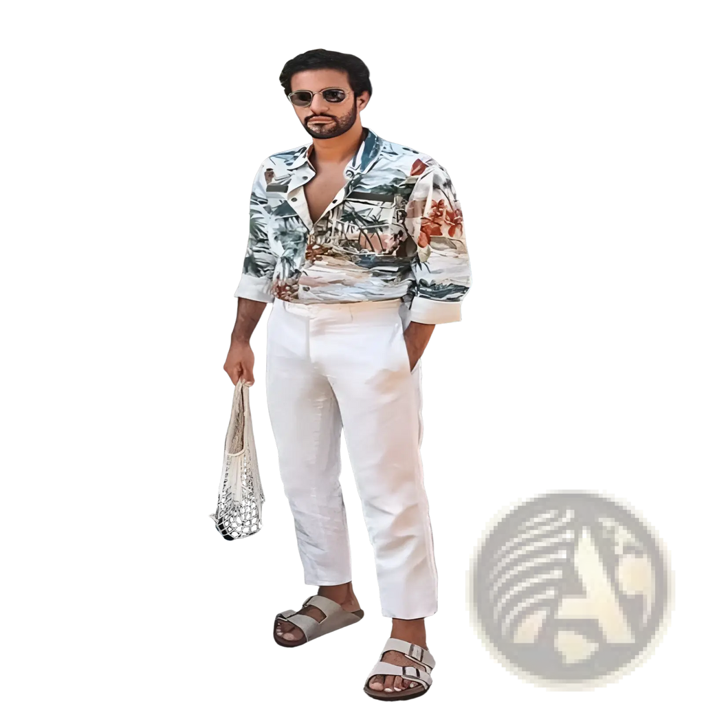 Man wearing white mens cotton linen casual pants high stretch paired with a tropical print button-down shirt with rolled sleeves