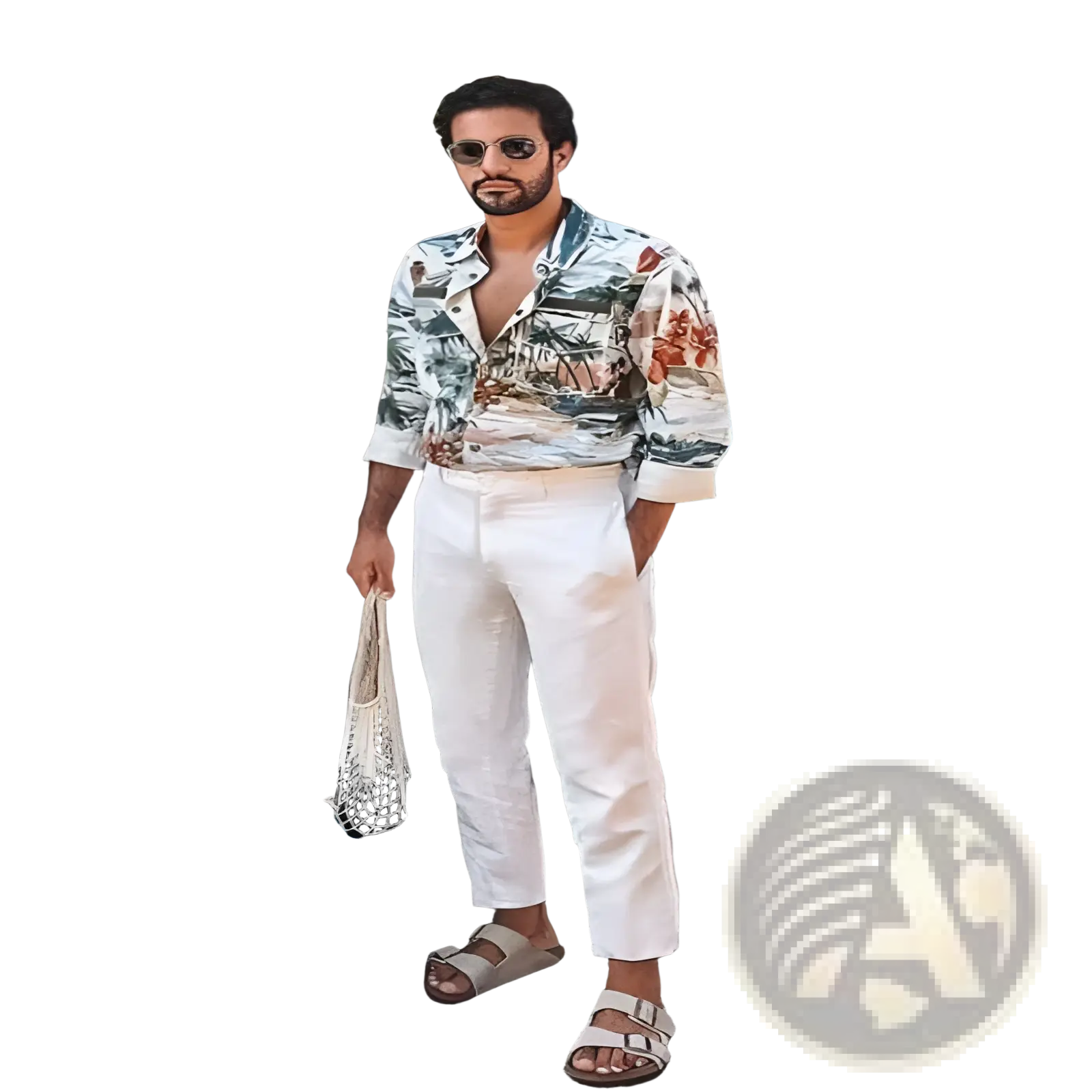 Man wearing white mens cotton linen casual pants high stretch paired with a tropical print button-down shirt with rolled sleeves