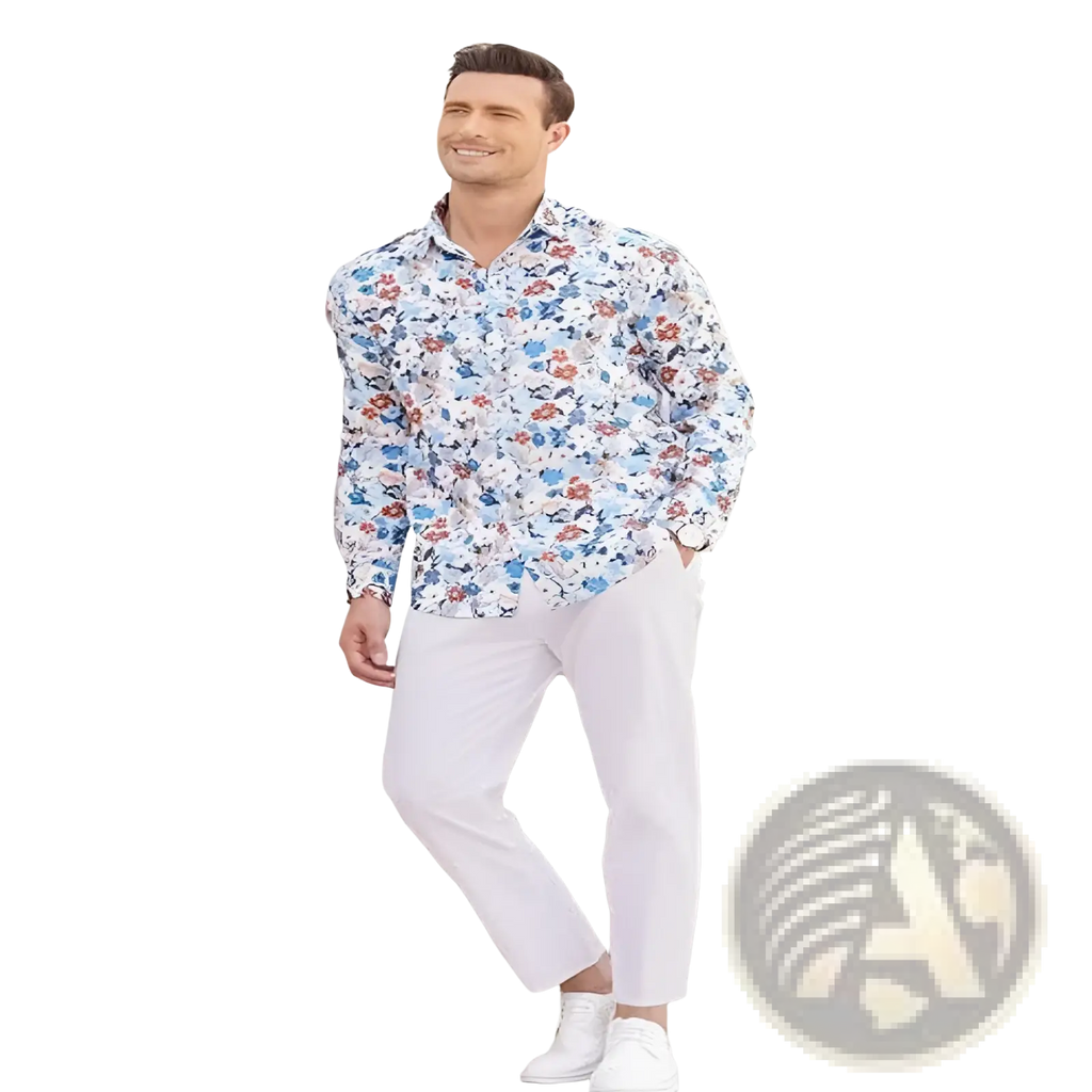 A man wearing a white floral button-down shirt paired with mens cotton linen casual pants high stretch