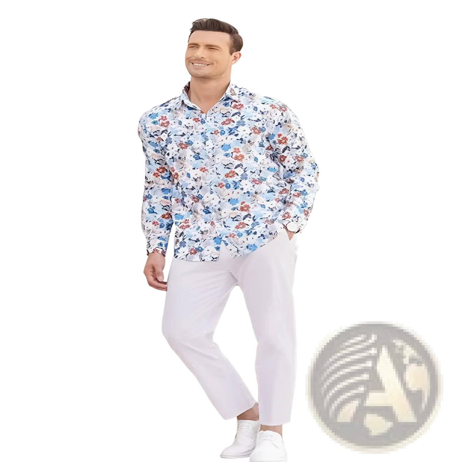 A man wearing a white floral button-down shirt paired with mens cotton linen casual pants high stretch