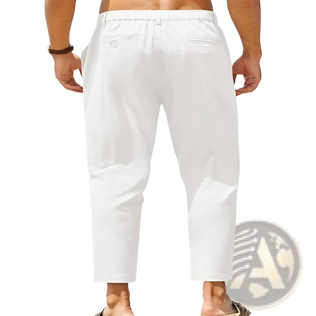 White cotton linen casual mens trousers with elastic waistband and two back pockets shown from the back side