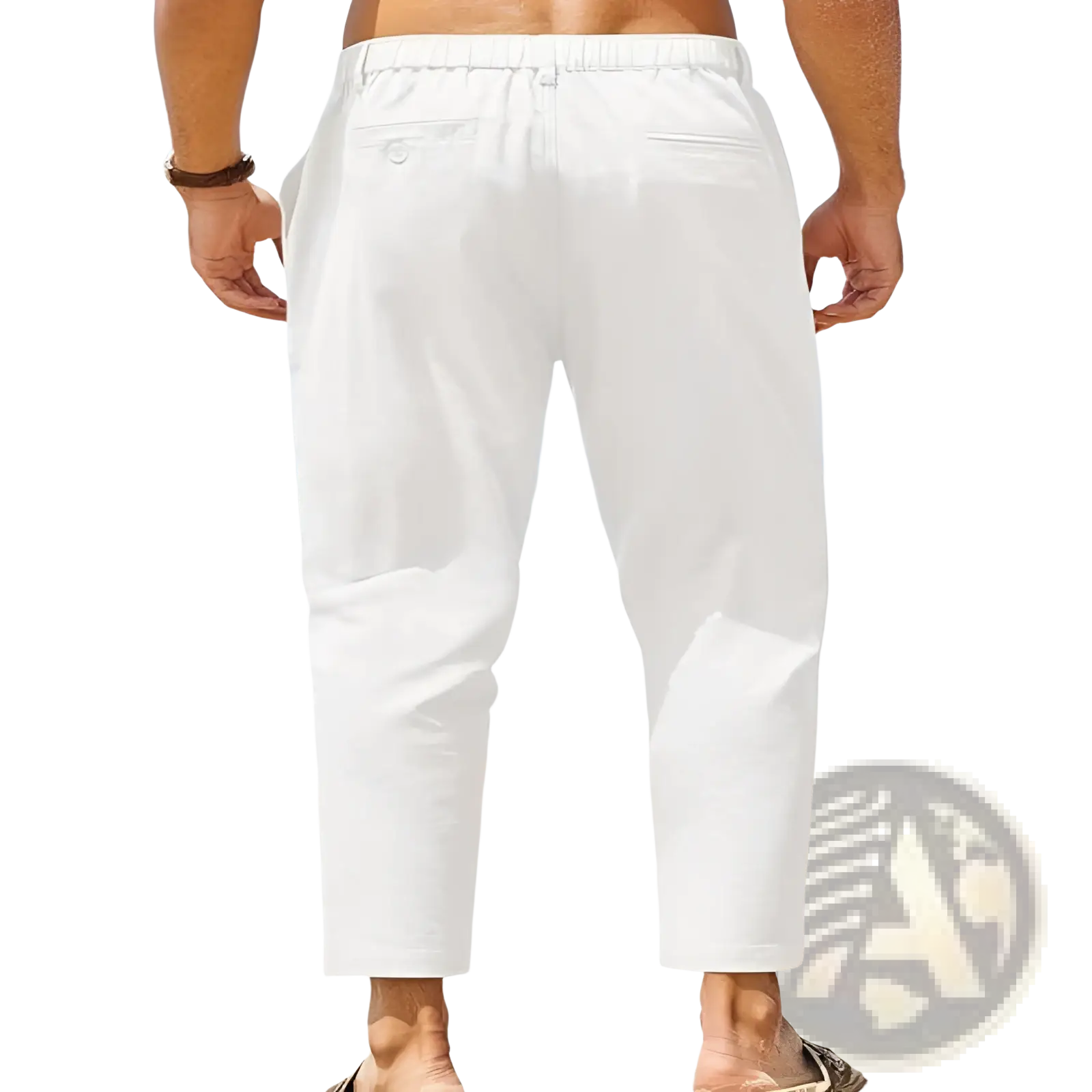 White cotton linen casual mens trousers with elastic waistband and two back pockets shown from the back side