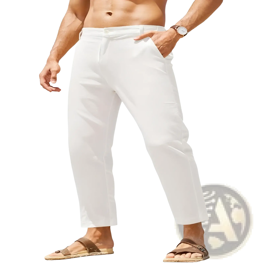 White cotton linen casual pants for men with high stretch featuring a relaxed fit and tapered legs