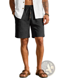 Mens cotton linen drawstring shorts in black featuring a drawstring waist and wooden buttons for casual wear