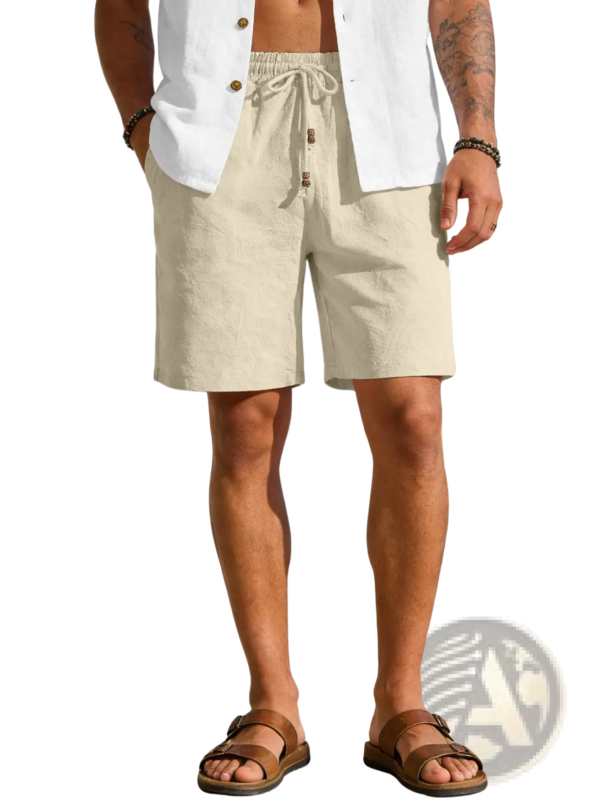 Beige mens cotton linen drawstring shorts with wooden button accents and a comfortable waist design