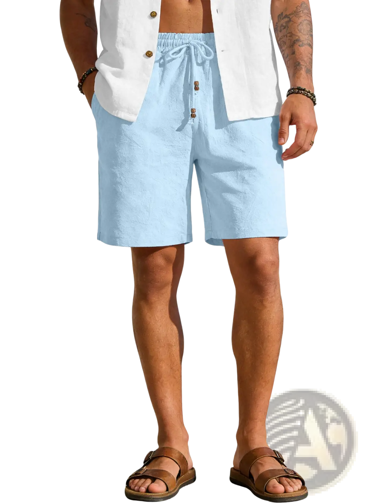 Light blue mens cotton linen drawstring shorts with wooden buttons and a comfortable waist design