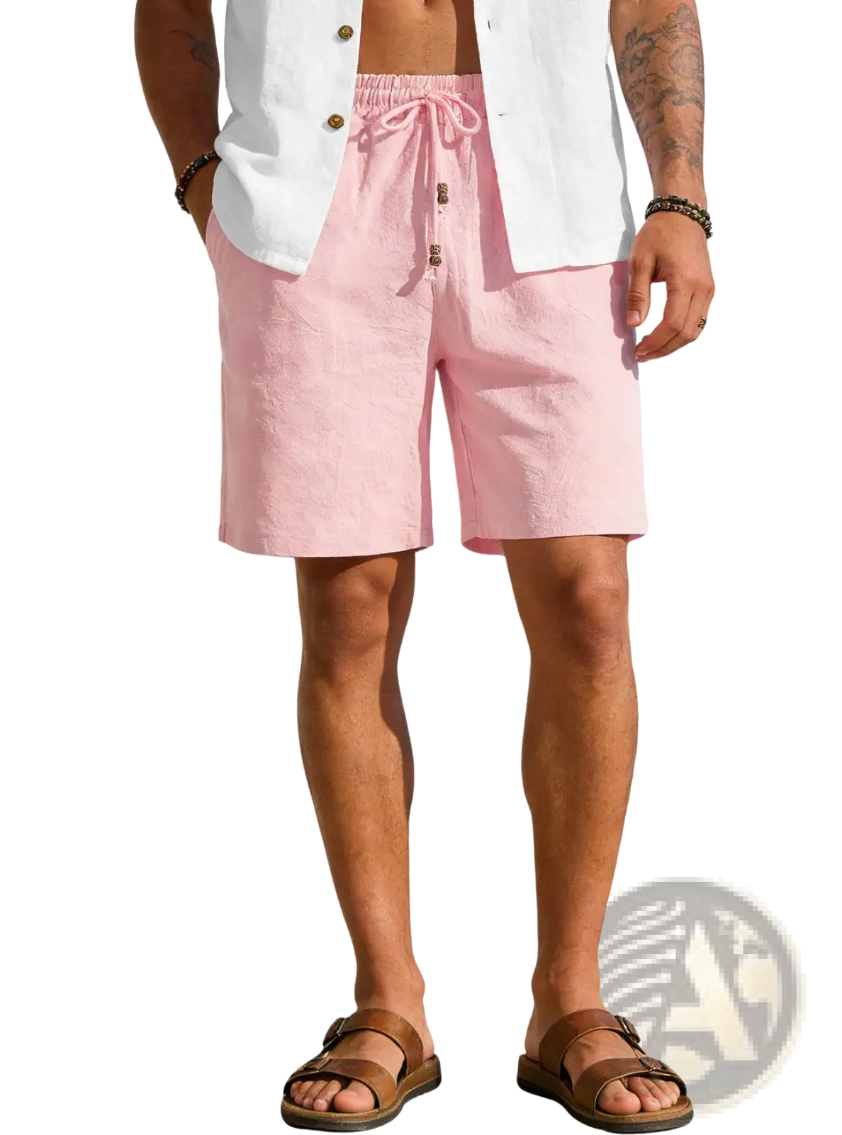 Mens cotton linen drawstring shorts in pink with wooden buttons and a comfortable waist design