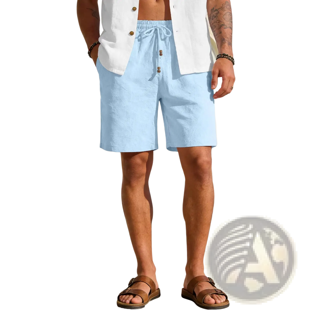 Light blue mens cotton linen drawstring shorts featuring a drawstring waist and wooden buttons